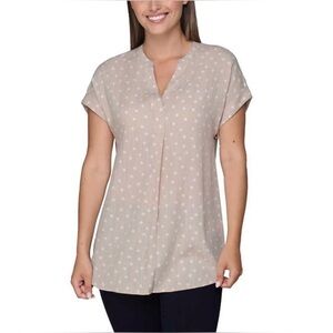Women’s Rachel Roy Tan and White Polka Dot V-Neck Split V Collar Short Sleeve
